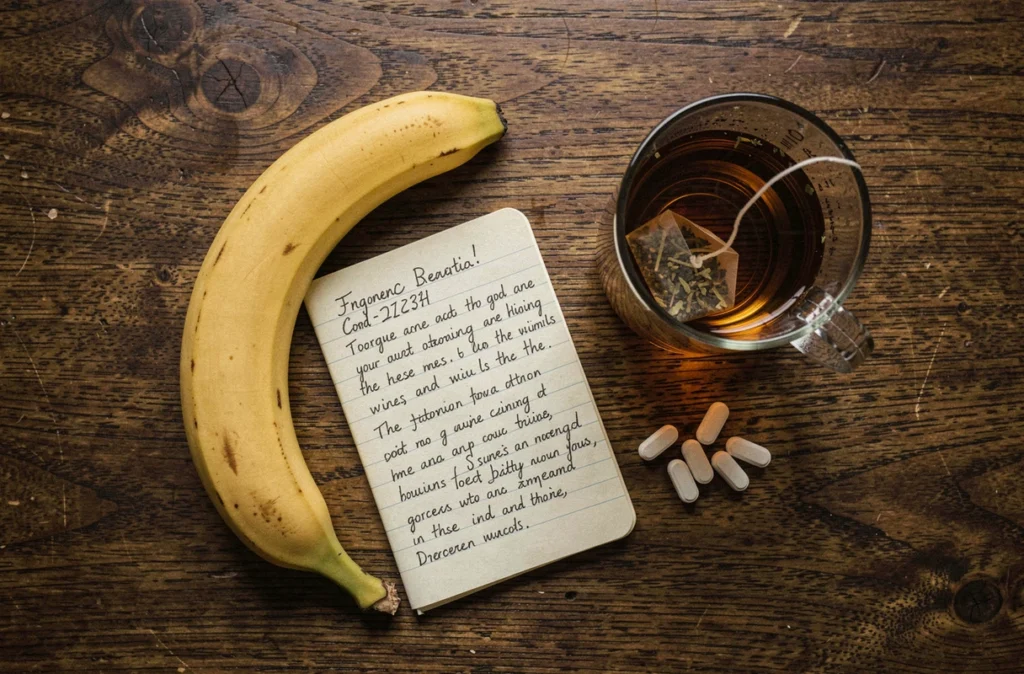 Vue de dessus d'une banane mûre posée sur une table avec un journal alimentaire et une tisane le soir, illustrant une routine santé nocturne