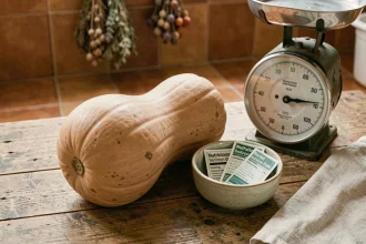 Butternut entière posée sur une table en bois avec une balance vintage, illustrant les calories et la valeur nutritionnelle de la courge butternut