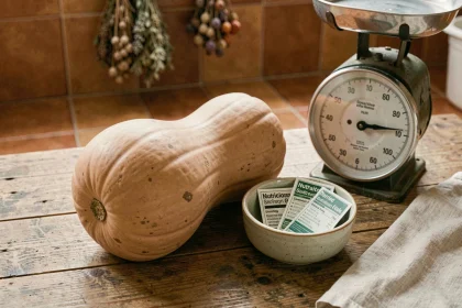 Butternut entière posée sur une table en bois avec une balance vintage, illustrant les calories et la valeur nutritionnelle de la courge butternut