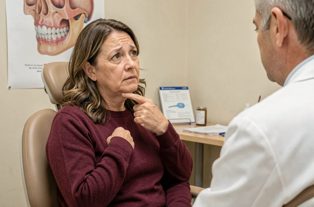 Femme indiquant une douleur à la mâchoire lors d'une consultation dentaire face à un professionnel de santé