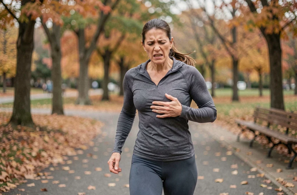 Femme sportive s'arrêtant de courir en tenant ses côtes droites douloureuses dans un parc en automne