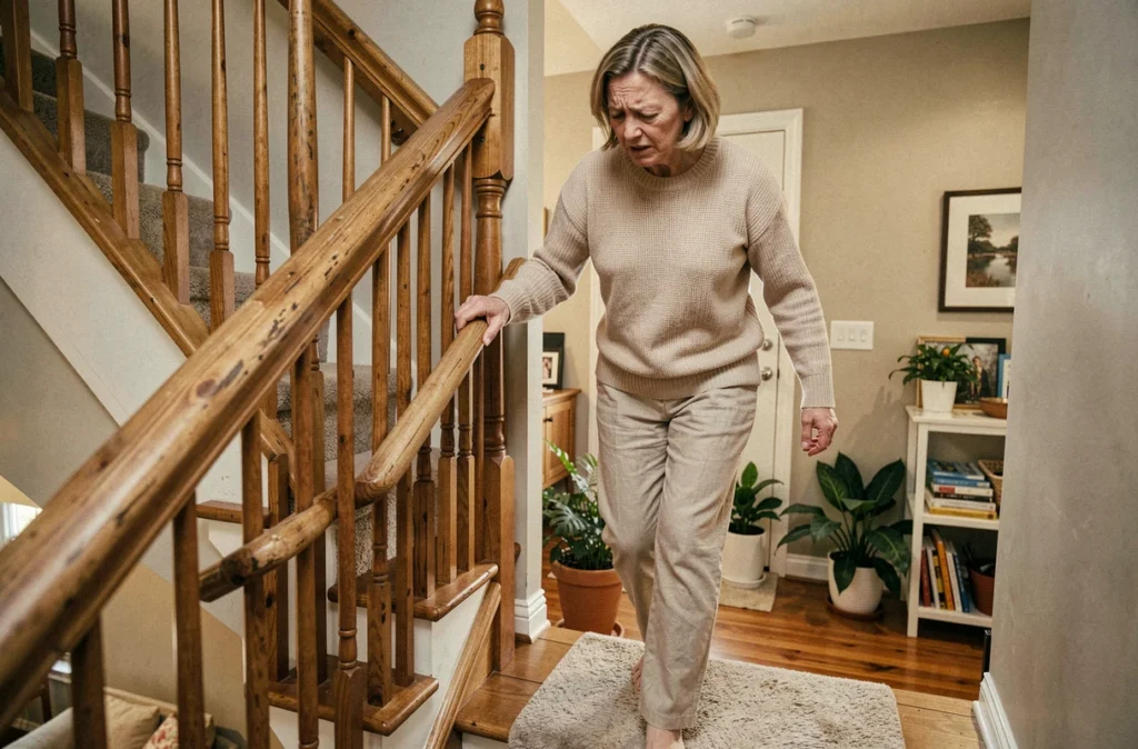 Femme souffrant d'épanchement au genou descendant prudemment un escalier en bois à domicile