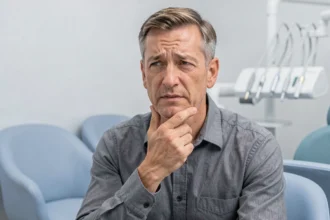 Homme d'une cinquantaine d'années touchant sa mâchoire avec une expression de douleur dans une salle d'attente dentaire moderne