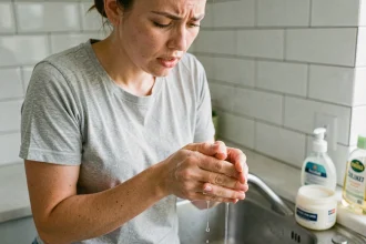 Femme qui enlève de la colle forte sur ses doigts au-dessus d'un évier de cuisine avec de l'eau et du savon