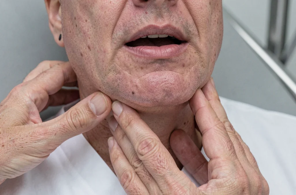 Gros plan sur la mâchoire d'un patient lors d'un examen médical avec palpation de la région sous-mandibulaire