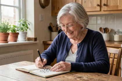 Femme âgée de 70 ans faisant des mots croisés à une table en bois pour stimuler sa cognition au quotidien