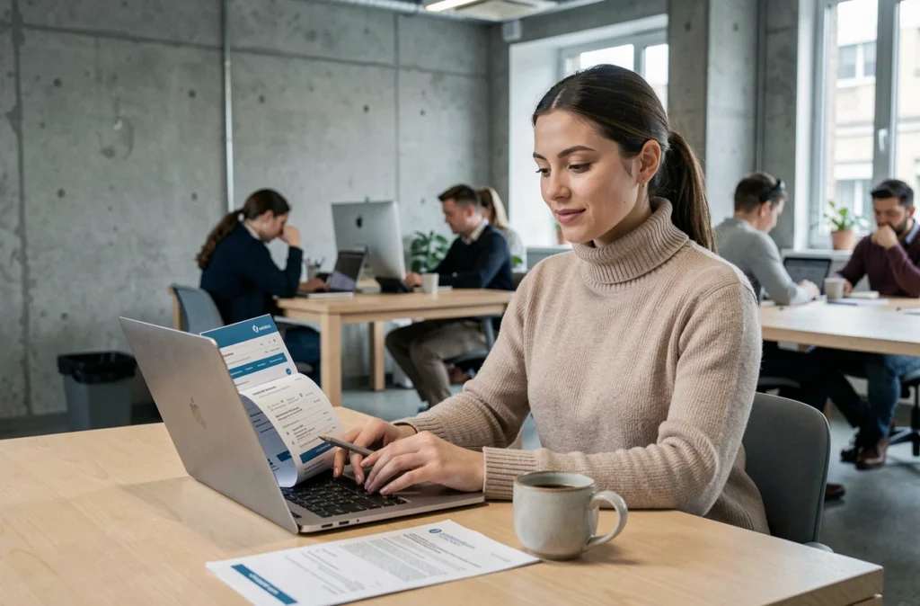 Jeune femme téléchargeant une attestation de mutuelle PRO BTP sur son ordinateur dans un espace de coworking moderne