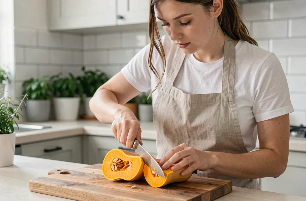 Femme préparant une butternut en cuisine, mettant en avant la chair orange de la courge dans un contexte de cuisine saine et équilibrée