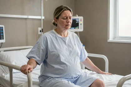 Femme enceinte en salle de naissance tenant le bord du lit pendant une contraction, expression concentrée et sereine