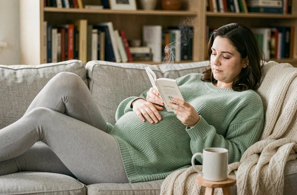 Femme enceinte détendue sur un canapé lisant un guide sur les tisanes d'allaitement avec une tasse fumante à côté d'elle