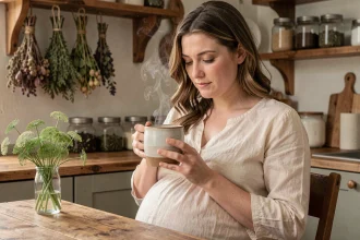Femme enceinte au troisième trimestre tenant une tasse de tisane d'allaitement en céramique dans une cuisine rustique chaleureuse