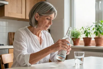 Femme lisant l'étiquette d'une eau minérale riche en bicarbonate dans une cuisine lumineuse