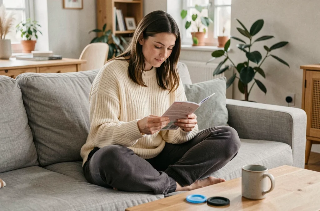 Femme se renseignant sur le disque menstruel Femdisc dans un salon scandinave confortable