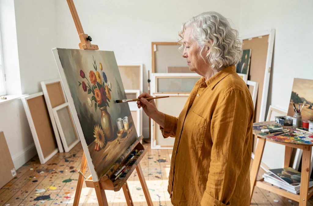 Femme de 72 ans pratiquant la peinture dans un atelier créatif comme activité de stimulation cognitive pour les seniors