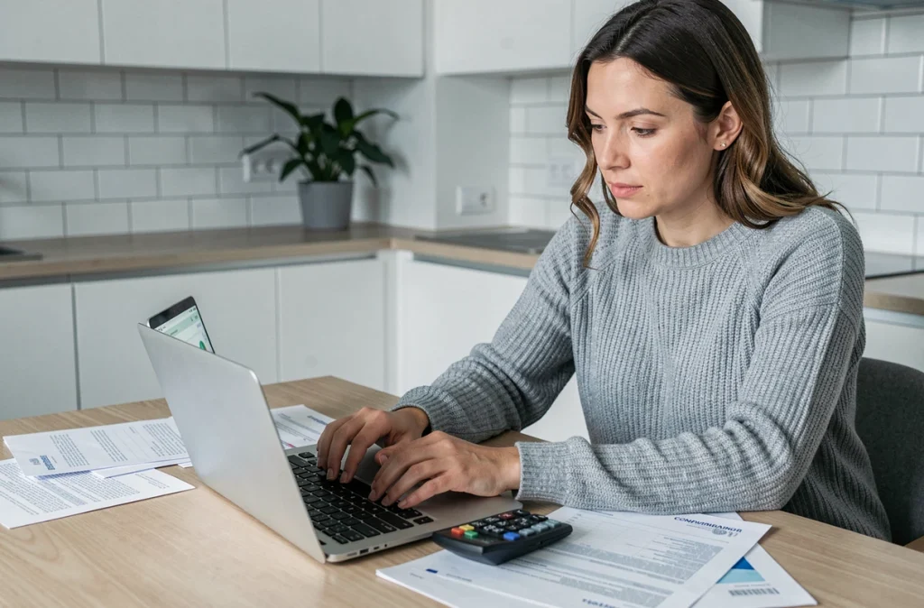 Femme utilisant un simulateur de calcul d'indemnité accident de travail sur ordinateur portable avec des documents officiels sur la table
