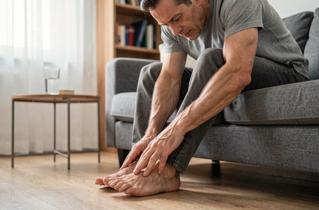Homme assis sur un canapé à domicile pressant le dessus de son pied avec ses doigts, exprimant une gêne liée à une sensation de chaleur ou de brûlure d'origine nerveuse