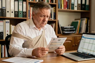 Homme avec un bras en écharpe qui examine sa fiche de paie après un accident de travail à son bureau à domicile