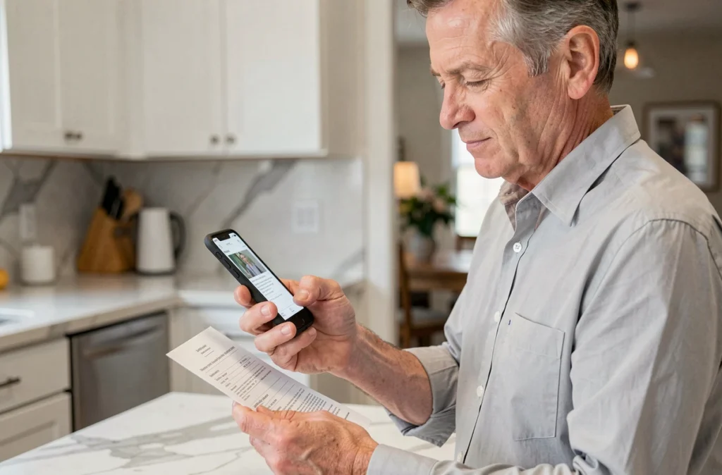 Homme photographiant une ordonnance médicale avec son smartphone pour soumettre un remboursement sur son espace mutuelle PRO BTP