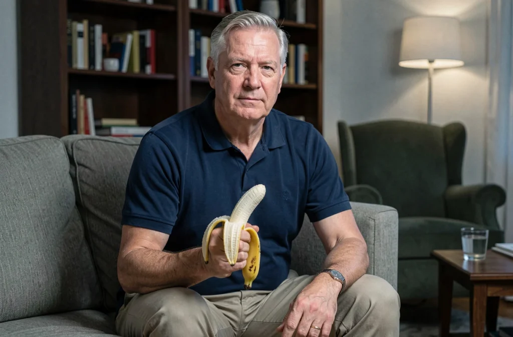 Homme senior mangeant une banane le soir dans un salon, évoquant les profils à risque liés à la consommation nocturne de fruits