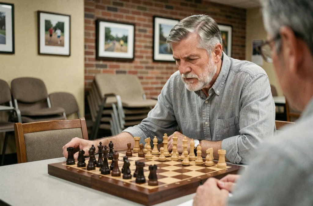 Homme senior jouant aux échecs dans un centre communautaire pour maintenir ses capacités cognitives après 65 ans