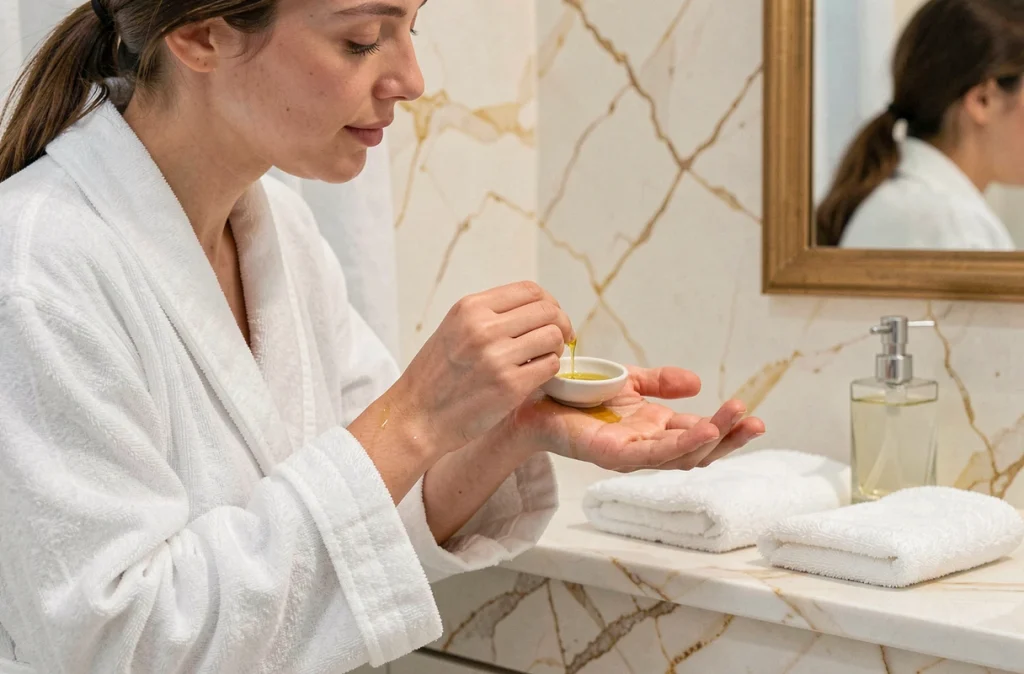 Femme appliquant de l'huile d'olive sur ses doigts pour dissoudre de la colle forte dans une salle de bain