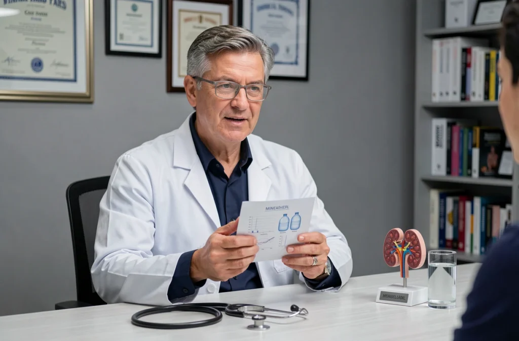 Médecin néphrologue conseillant un patient sur l'eau riche en bicarbonate lors d'une consultation