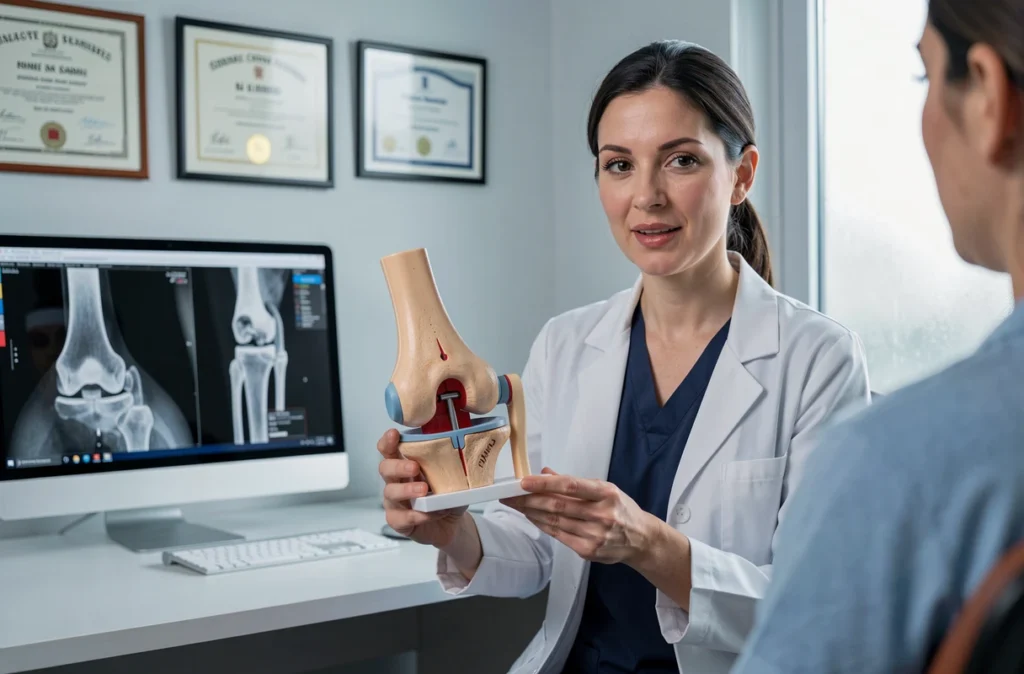 Médecin orthopédiste expliquant l'épanchement articulaire du genou à l'aide d'un modèle anatomique en cabinet médical