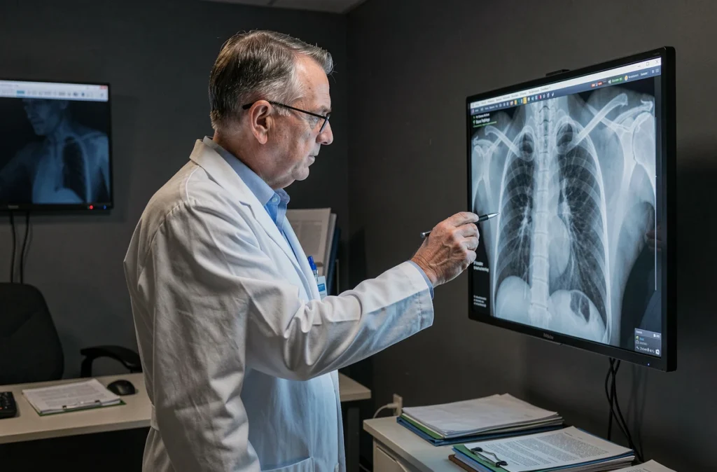 Radiologue analysant une radiographie thoracique montrant les côtes droites sur un panneau de lecture médical