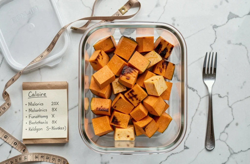 Préparation de repas avec des cubes de butternut rôtis dans une boîte de conservation, ruban de mesure et notes caloriques pour un régime équilibré