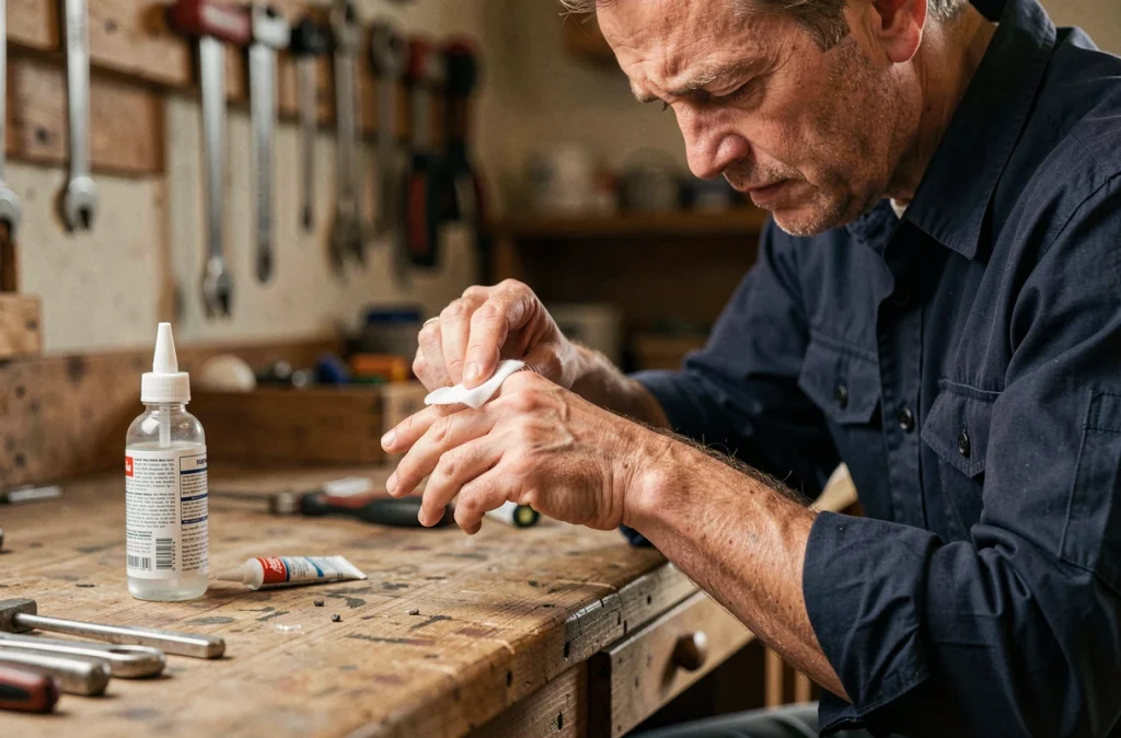 Homme retirant de la colle forte de son doigt avec un coton imbibé d'acétone dans un atelier de bricolage