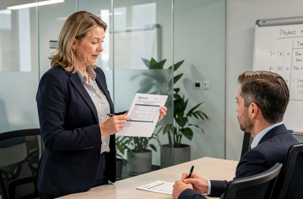 Responsable RH expliquant les indemnités d'accident de travail sur une fiche de paie à un salarié dans une salle de réunion d'entreprise