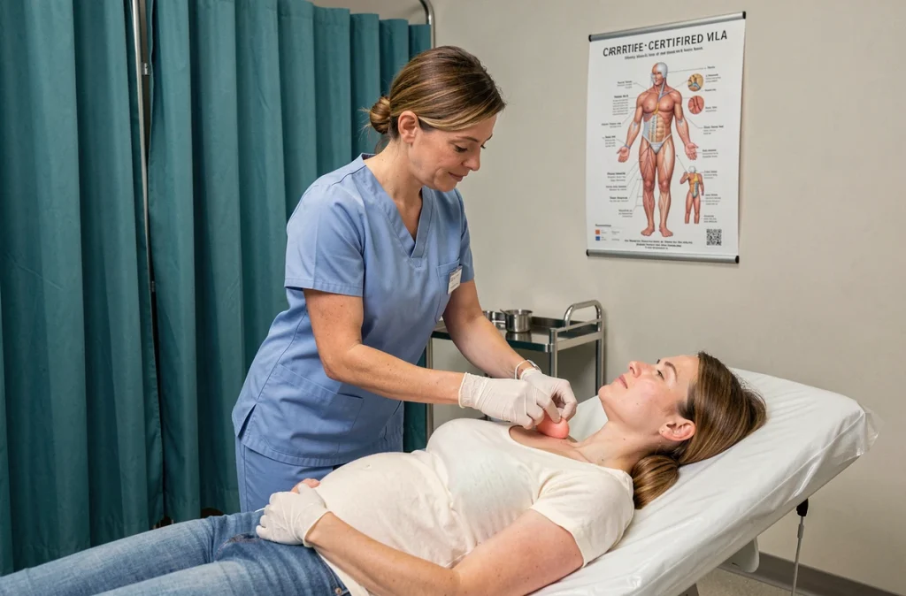 Sage-femme examinant la dilatation du col d'une femme enceinte en salle d'examen obstétrique