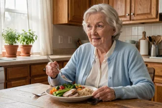 Femme âgée savourant un repas équilibré et coloré à table pour prévenir la dénutrition