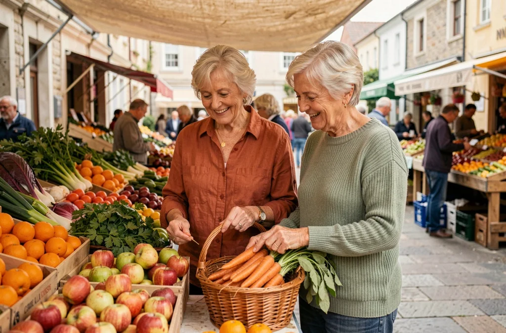 Deux femmes seniors choisissant des fruits et légumes frais au marché pour une alimentation saine