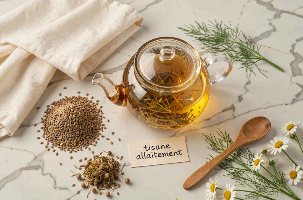 Tisane d'allaitement dans une théière en verre entourée de plantes médicinales séchées sur marbre blanc
