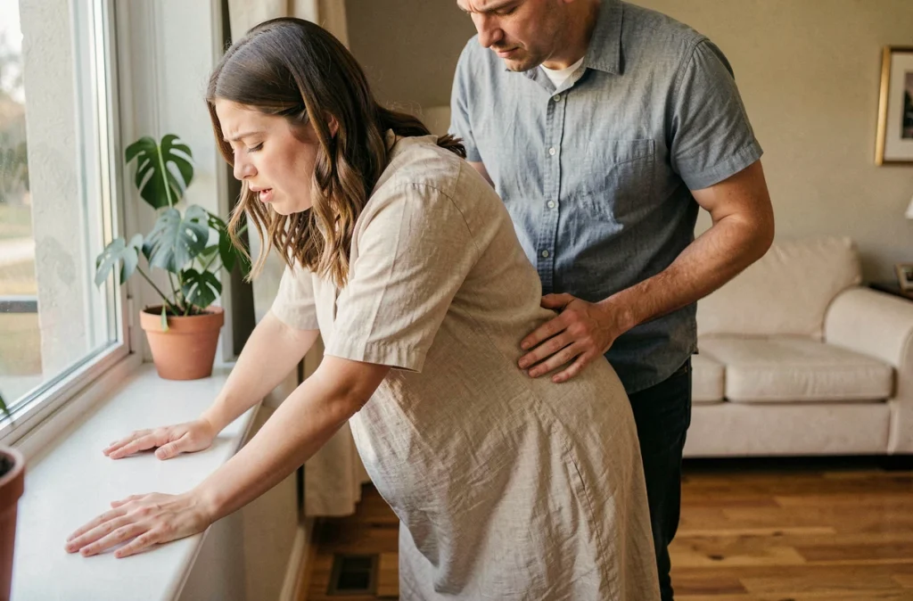 Femme enceinte en travail à domicile appuyée sur un rebord de fenêtre, soutenue par son partenaire lors d'une contraction