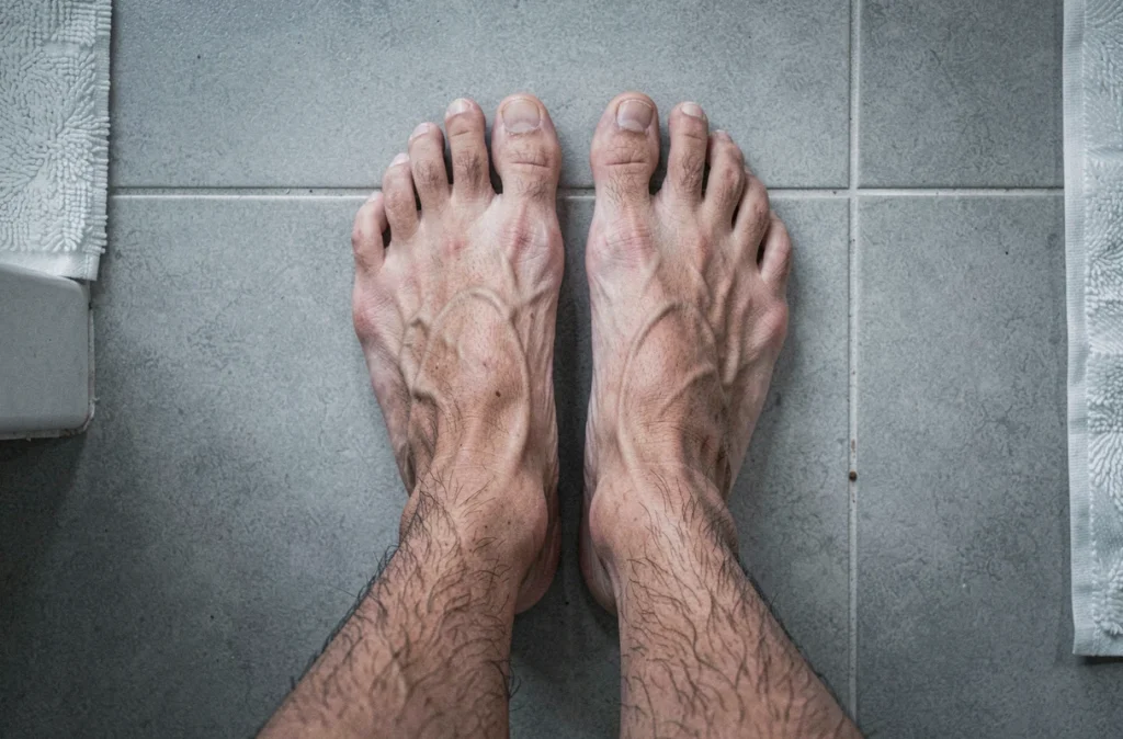 Vue aérienne de deux pieds nus posés sur un carrelage gris, montrant le dessus des pieds avec des détails de peau réalistes, illustration symbolique des troubles nerveux et de la sensation de chaleur podologique