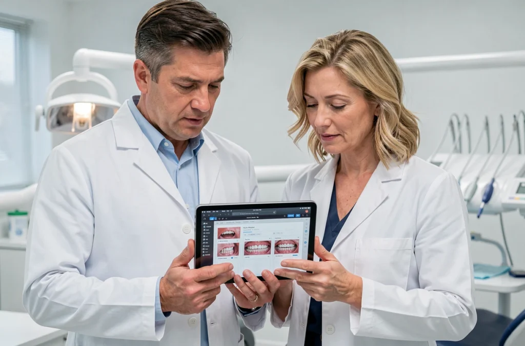 Les Drs Bertrand et Ahaffai, orthodontistes associés, en collaboration dans leur cabinet parisien