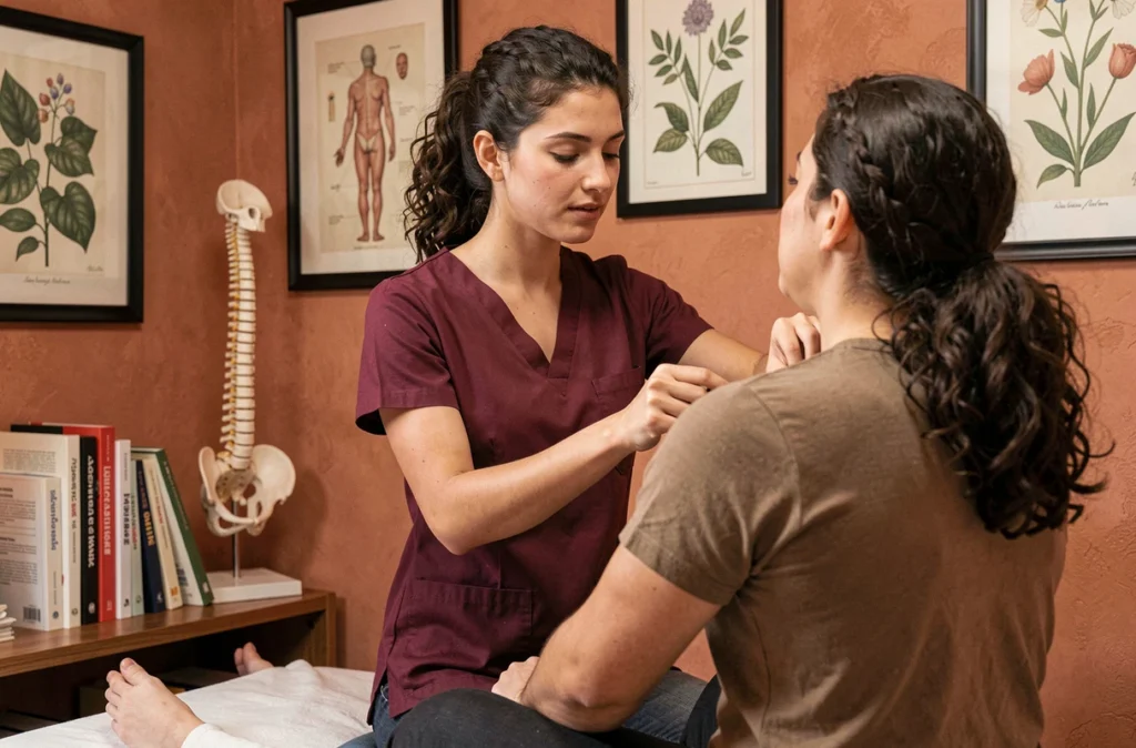 Justine Casals, ostéopathe à Thuir, réalisant un bilan de la colonne thoracique sur un patient dans son cabinet chaleureux