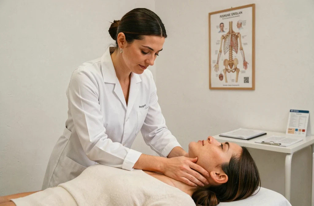 Ostéopathe femme à Perpignan effectuant une manipulation cervicale sur un patient allongé sur une table de traitement