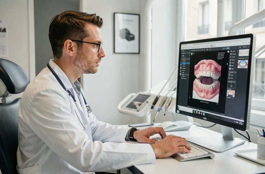 Dr Fabien Renaud, orthodontiste, analysant un scanner dentaire 3D dans son cabinet parisien