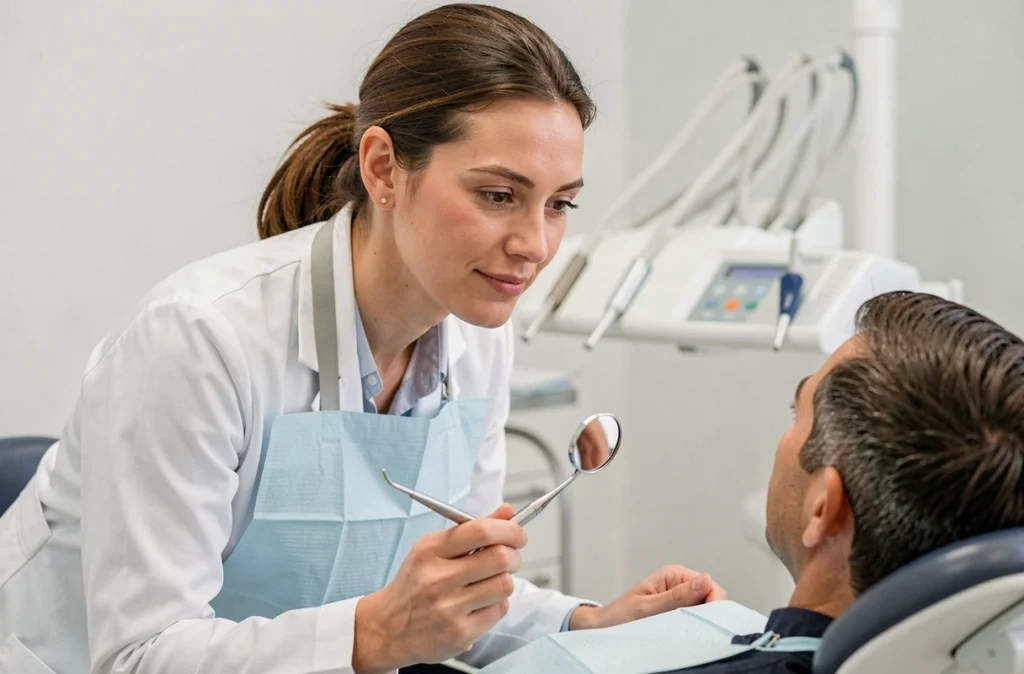 Dr Medawar Camille, orthodontiste, réalisant un examen dentaire sur un patient dans son cabinet