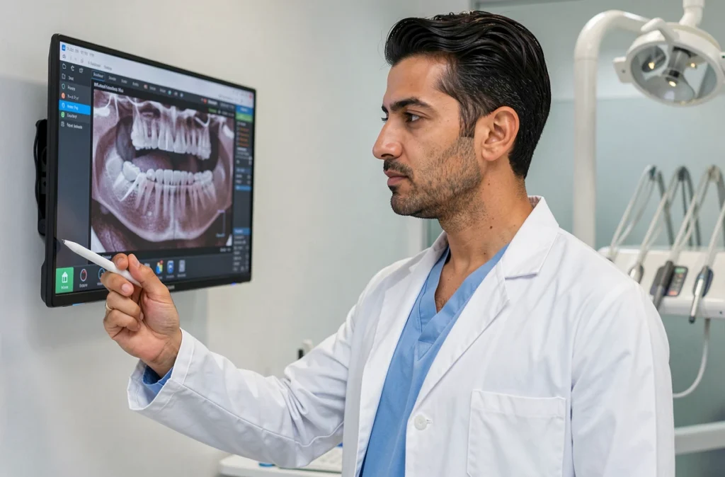 Dr Zarrinpour Arash, orthodontiste à Paris, examinant des radiographies dentaires numériques dans son cabinet