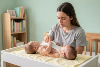 Jeune maman examinant une couche de bébé sur une table à langer dans une chambre de bébé douce et lumineuse