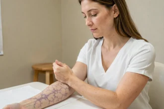 Femme examinant des marbrures cutanées sur son avant-bras lors d'une consultation médicale