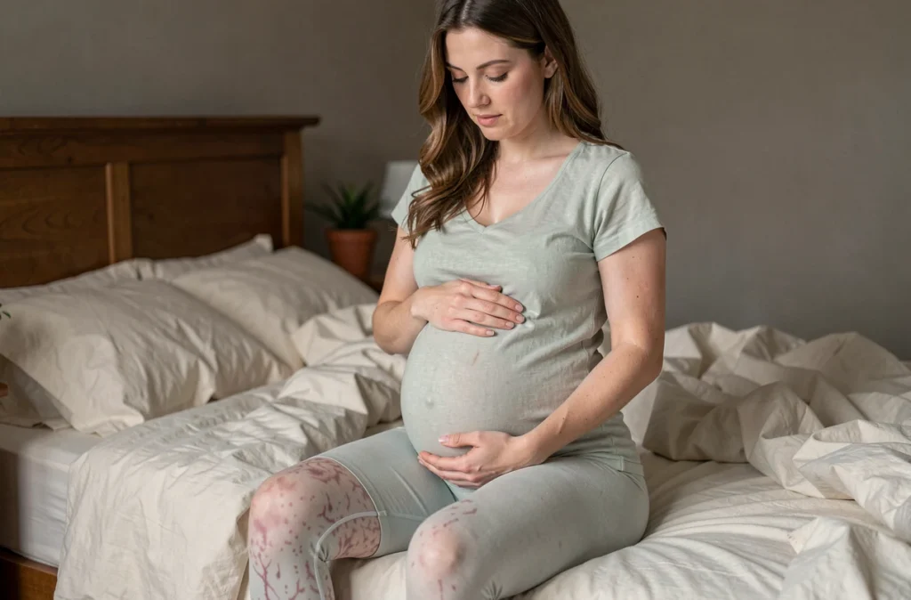 Femme enceinte avec des marbrures sur les jambes assise sur un lit à la maison