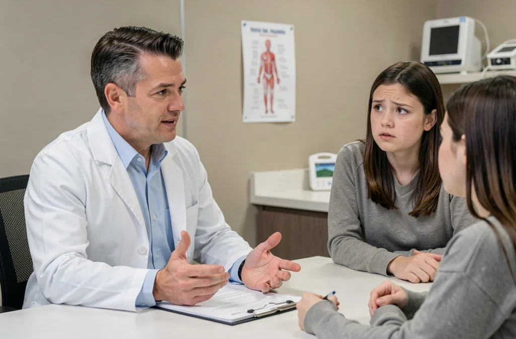 Pédiatre expliquant calmement à des parents inquiets la cause des selles blanches chez leur nourrisson en consultation médicale