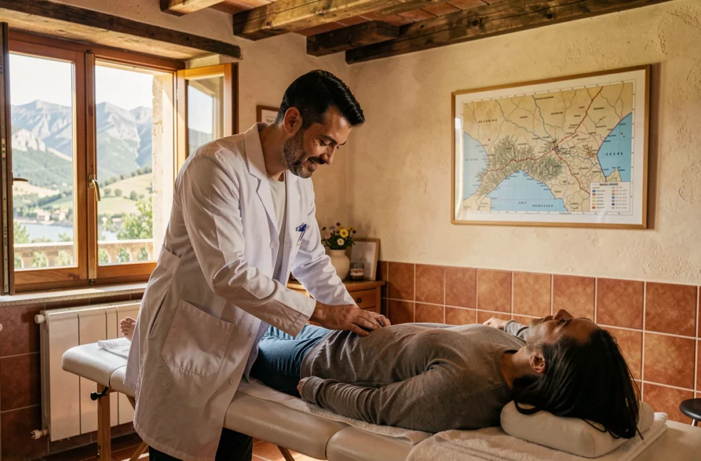 Ostéopathe Vincent Sautereau mobilisant la cheville d'un patient dans un cabinet aux Pyrénées avec vue sur les contreforts