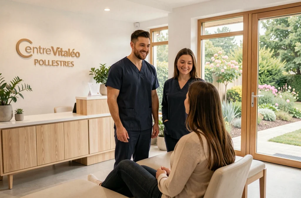 Thomas et Charlotte Berthomé du Centre Vitaléo à Pollestres accueillant un patient dans leur cabinet ostéopathique moderne