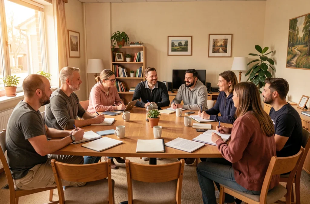Atelier collectif de personnes réunies autour d'une table dans une salle